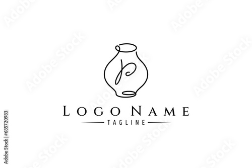 Pottery logo design with letter p in continuous line design style concept photo