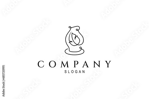 Pottery logo design with leaf icon in continuous line art design style concept photo