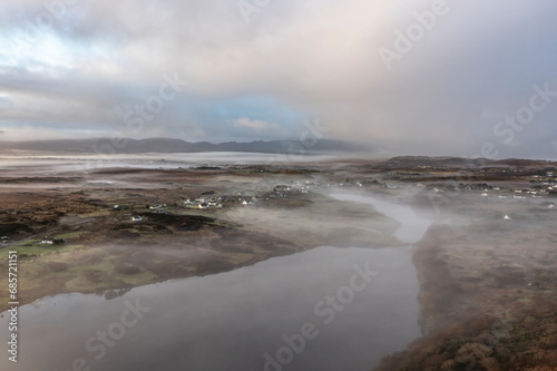 Aerial view of Lough fad in the morning fog, County Donegal, Republic of Ireland