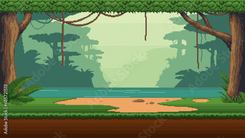 Pixel art seamless landscape with tropical forest, lake and hanging liana vines. 8-bit retro video game style jungle background.