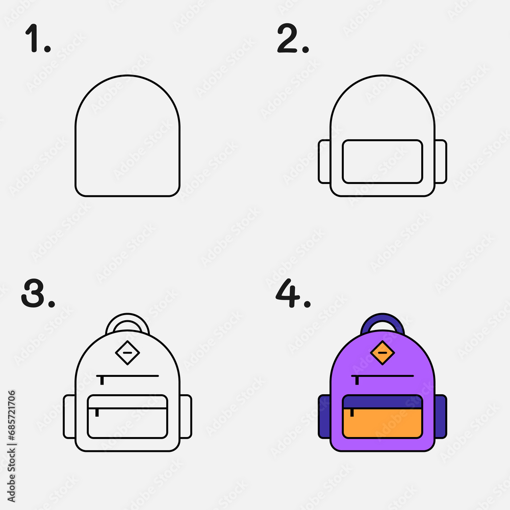 Easy step by step guide: drawing and coloring school backpack.