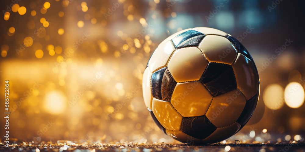 Fototapeta premium The soccer ball nestled in the goal's netting, with rays of light highlighting its pattern