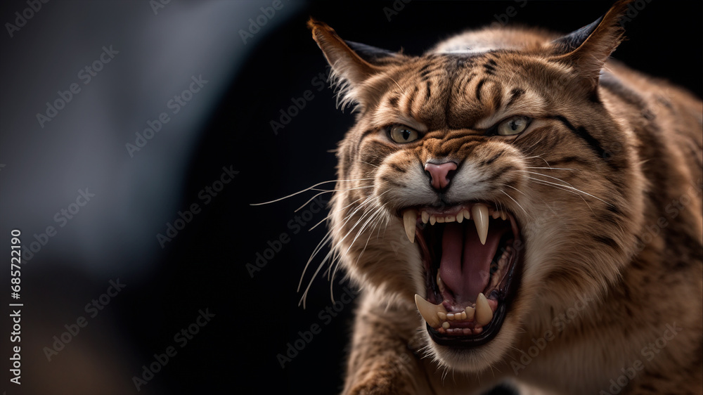 Big cat in an aggressive and threatening attitude, on a black background. AI generated
