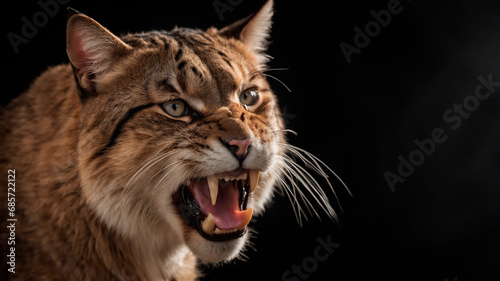 Big cat in an aggressive and threatening attitude, on a black background. AI generated