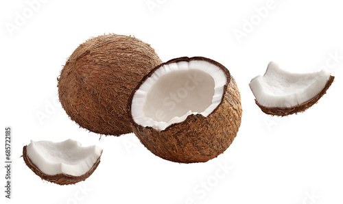 composição com coco inteiro, coco quebrado e pedaços de coco isolado em fundo transparente photo