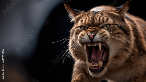 Big cat in an aggressive and threatening attitude  on a black background. AI generated