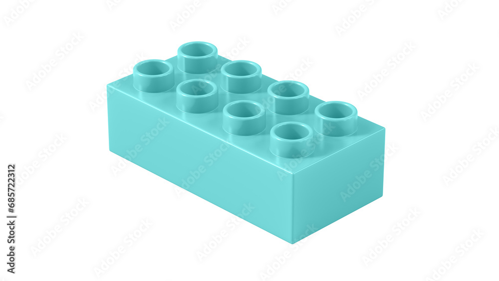 Fototapeta premium Blue Lagoon Plastic Block Isolated on a White Background. Children Toy Brick, Perspective View. Close Up View of a Game Block for Constructors. 3D illustration. 8K Ultra HD, 7680x4320, 300 dpi