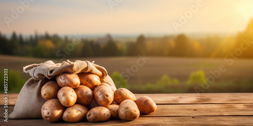Rustic sack overflowing with potatoes on a wooden table against a hilly, sun-kissed landscape