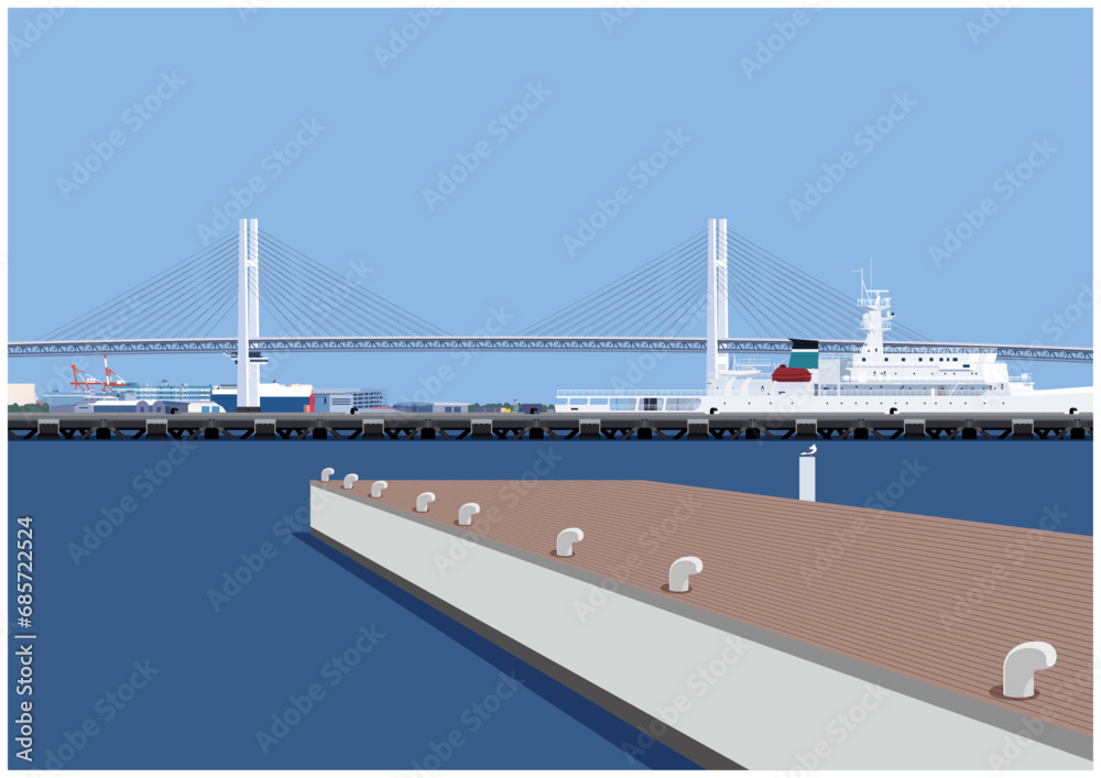 Fototapeta premium ベイブリッジを望む横浜の海 桟橋と港の風景