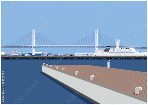 ベイブリッジを望む横浜の海　桟橋と港の風景 photo