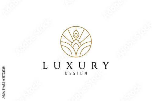 Candle line art logo design with combination of flowers in circle shape