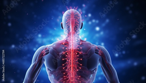 Billede på lærred A man having acute pain in the back, 3D Illustration, Muscle is a soft tissue, Muscle cells contain proteins, producing a contraction that changes both the length and the shape of the cell