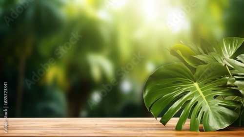 The Monstera plant  with its vibrant green leaves  creates a stunning and refreshing background that hints at the beauty of a tropical forest. The blurred effect adds depth and a touch of mystery  emp