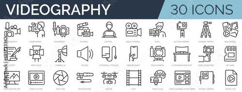 Set of 30 outline icons related to photography. Linear icon collection. Editable stroke. Vector illustration