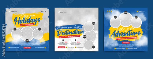 Summer beach travel and tourism business marketing social media post or web banner template. Winter holiday travel or travelling sale advertisement flyer with grunge paint brush stroke background.