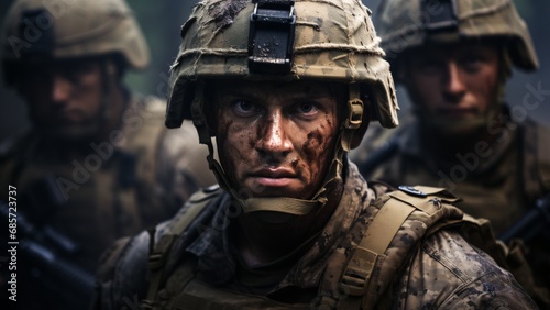 Intense Soldier Portrait - Soldier in the Battlefield Close-Up, Rainy Weather, Dark Climate