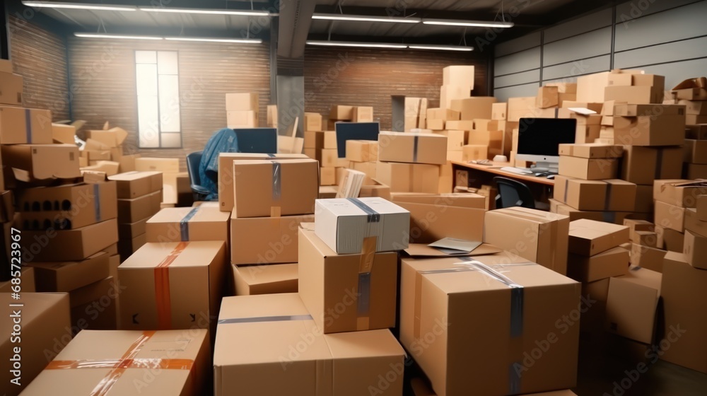 Optimization storage systems for efficient product accounting. Cardboard boxes with parcels from online stores in delivery service office. Express delivery with modern accounting and distribution Optimization storage systems for efficient product accounting. Cardboard boxes with parcels from online stores in delivery service office. Express delivery with modern accounting and distribution