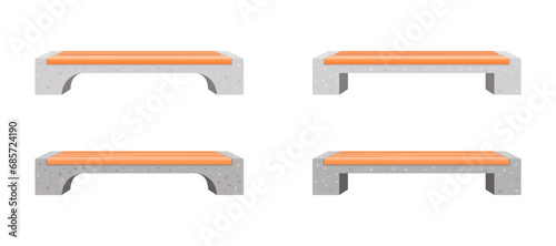 Set of concrete benches with wooden seats colorful vector drawings. Modern style wood and concrete bench with granite stones texture isolated on white background.  