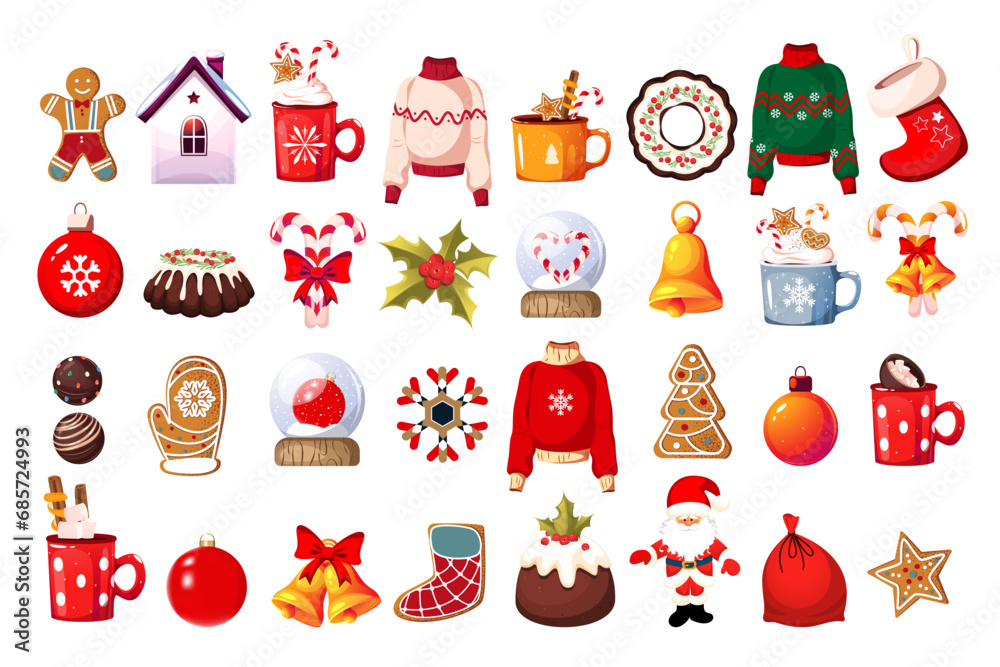 Naklejka premium A large set of Christmas elements. Merry Christmas and Happy New Year. Christmas pudding, winter sweater, ginger cookies, hot chocolate, lollipops, Santa Claus.Vector illustration.