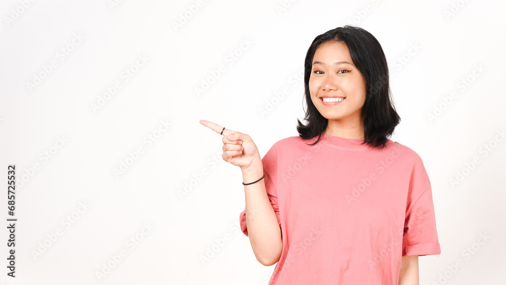 Smiling and pointing at side copyspace Of Beautiful Asian Woman Isolated On White Background Smiling and pointing at side copyspace Of Beautiful Asian Woman Isolated On White Background