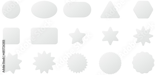 Shapes adhesive symbols set. White tags, paper rounded stickers. Isolated paper mockup  collection. Realistic set of many rounded shapes for prices or others designs. Square, rectangle, stars, and mor photo