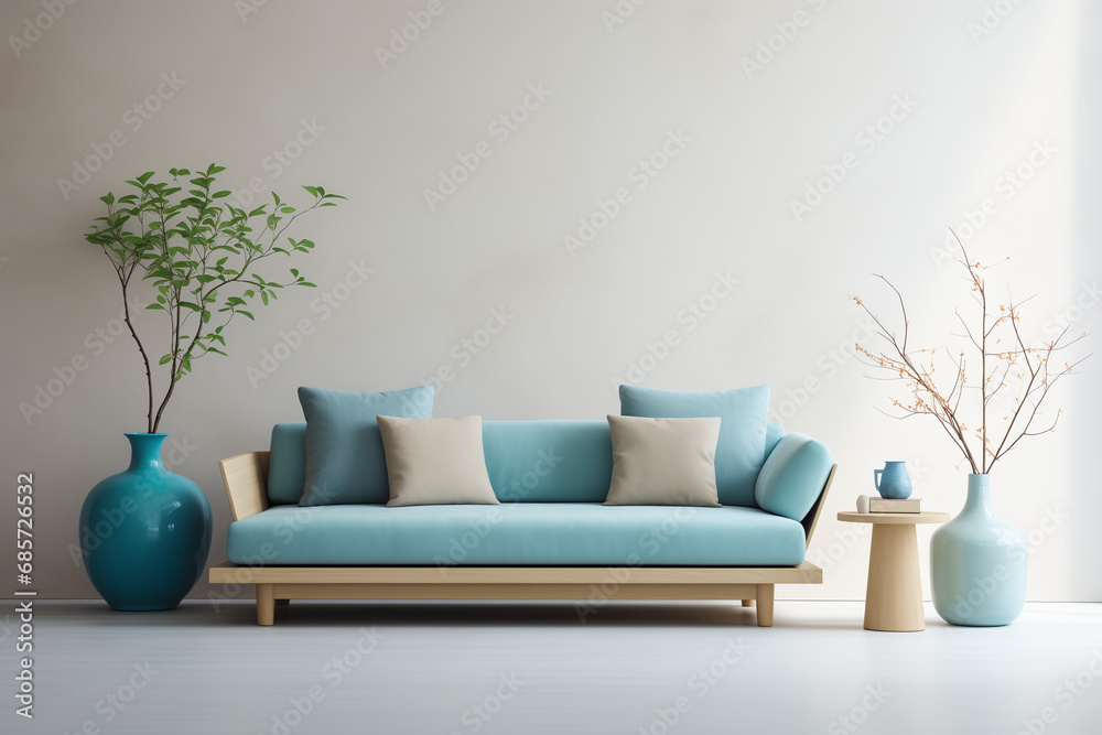 Light Blue Sofa Adorned with Cushions and Potted Plant Against an Empty Wall with Copy Space. Modern Interior Design Featuring Comfortable Furniture in a Relaxing Home Setting