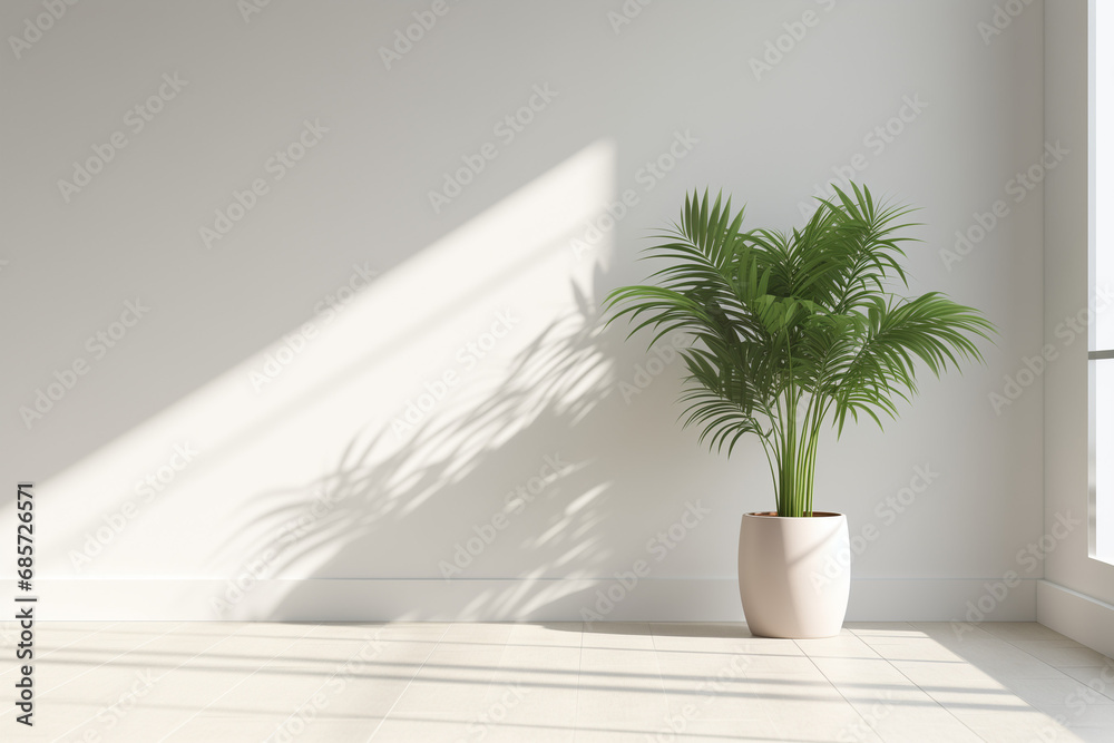 Modern interior mockup template. Light empty space with white wall, wooden floor and green potted plant. Sun rays entering into empty room from the window Modern interior mockup template. Light empty space with white wall, wooden floor and green potted plant. Sun rays entering into empty room from the window