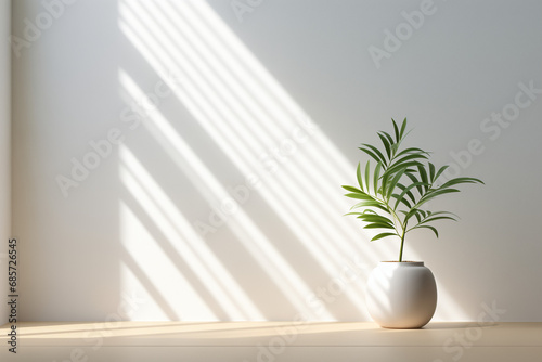 Modern interior mockup template. Light empty space with white wall, wooden floor and green potted plant. Sun rays entering into empty room from the window © Nii_Anna