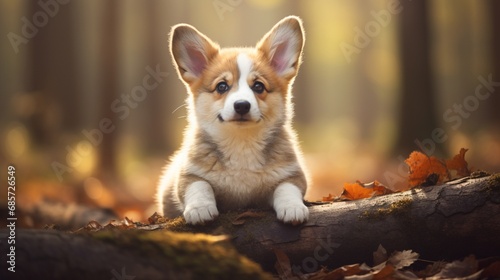 A charismatic corgi puppy with a fluffy coat, sitting attentively with an adorable expression. © Eun Woo Ai