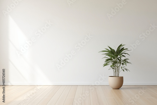 Modern interior mockup template. Light empty space with white wall  wooden floor and green potted plant. Sun rays entering into empty room from the window