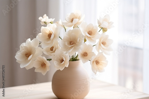 White Flowers in Vase  Elegant Floral Arrangement on Table in Living Room  Soft Tones  Natural Light from Window. Home Decor  Interior Design  and Serenity Concept