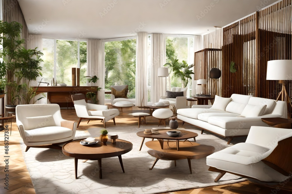 mid century interior design of modern living room with white sofa and wooden chairs-