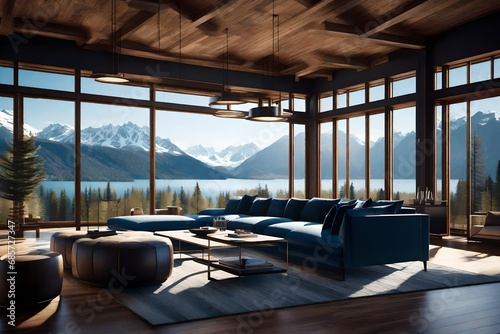 a modern  and luxurious open plan living room and kitchen interior with a view of a lake and alpine landscape  lodge style al rendered photo