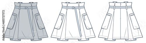 Cargo Skirt technical fashion illustration. Pleated mini Skirt fashion flat technical drawing template, back zipper, pockets, front and back view, white, grey, women CAD mockup set.
