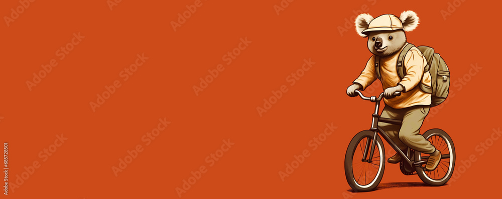 Fototapeta premium Cute energetic koala delivery man in a cap rides a bicycle on a brown copy space background