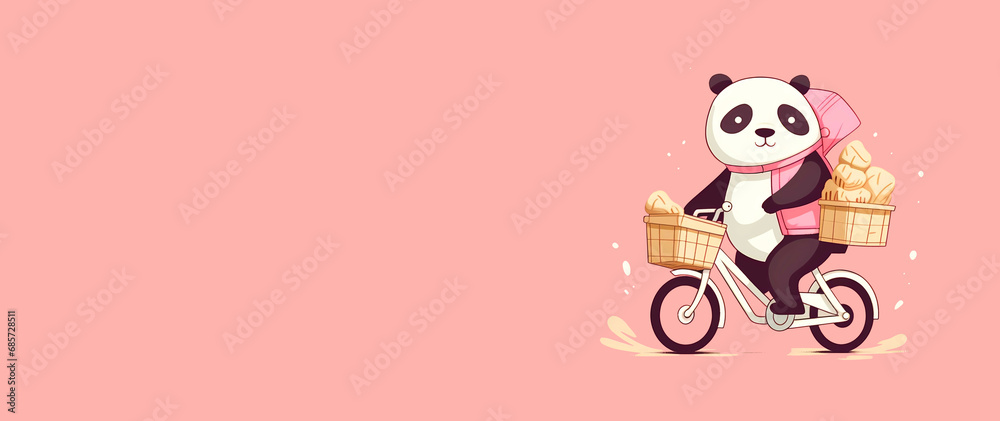 Cute panda courier carries a package on a scooter on a delicate pink background with copy space for text Cute panda courier carries a package on a scooter on a delicate pink background with copy space for text