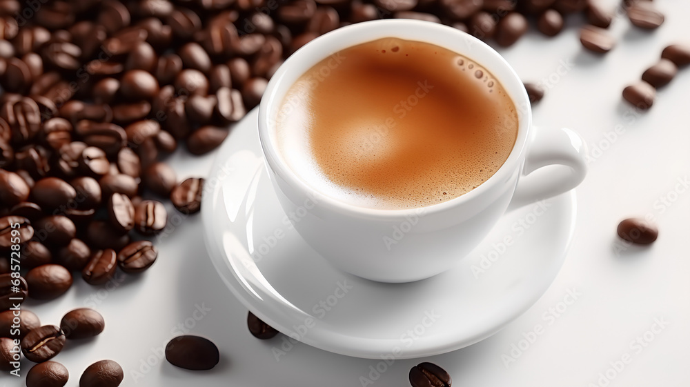 Hot espresso and coffee bean on white table. Hot espresso and coffee bean on white table.