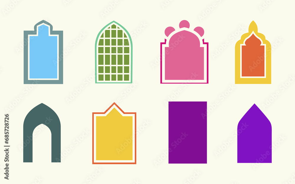 Set of Islamic shape window frames in various colors. Flat style vector design Set of Islamic shape window frames in various colors. Flat style vector design