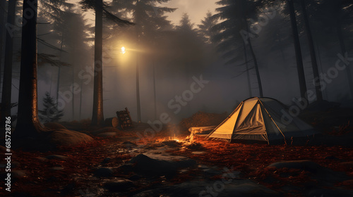 dawn in a foggy forest with a lonely tent.