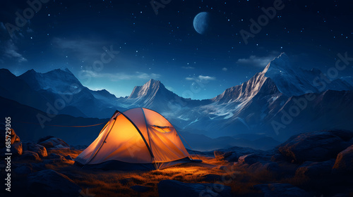  camping tent glows under a night sky full of stars.