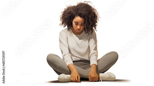 depressed woman sitting on the floor,sad female teenager isolated on white background photo