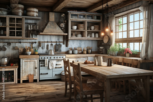 Conceptualize a rustic farmhouse kitchen with distressed wood, vintage accessories, and a farmhouse sink