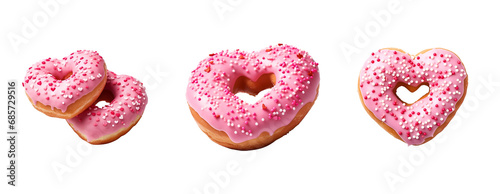 A Set of Pink Donuts in the Shape of a Heart for Valentine’s Day, Isolated on Transparent Background, PNG