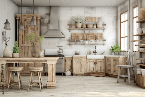 Conceptualize a rustic farmhouse kitchen with distressed wood, vintage accessories, and a farmhouse sink photo