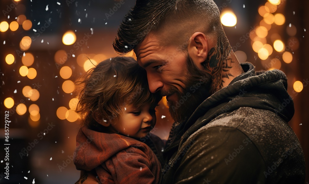 An adult Caucasian man with a beard and tattoos tenderly holds a small child in his arms on a snowy evening.