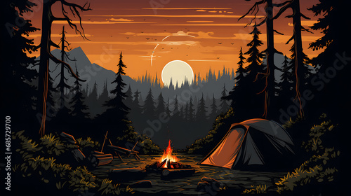 tent in a forest vector camoing silhouette outdoor camping. photo