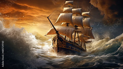 pirate ship sailing during a storm. pirate ship on a night storm seaside