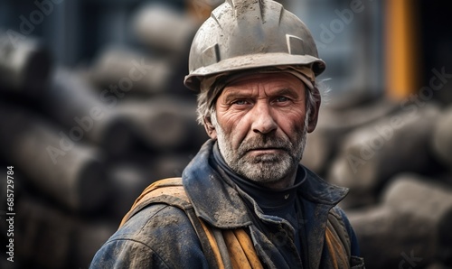An elderly Caucasian man in a protective helmet with a serious expression stands at an industrial site. © volga