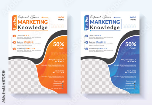 Corporate business flyer and brochure design template with blue, orange, and purple colors with a creative and unique layout in A4 size annual report