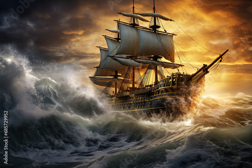 pirate ship sailing during a storm. pirate ship on a night storm seaside